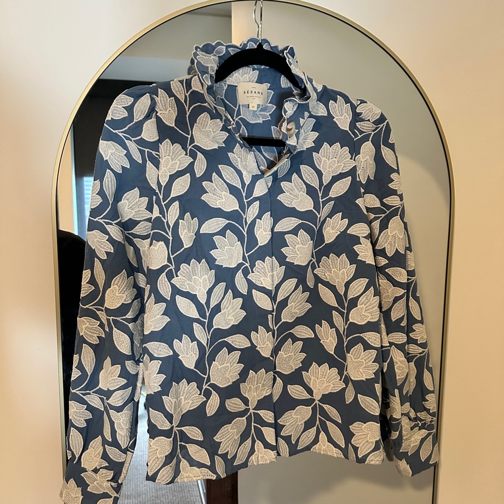 Sezane Floral Blue and White Embroidered Blouse